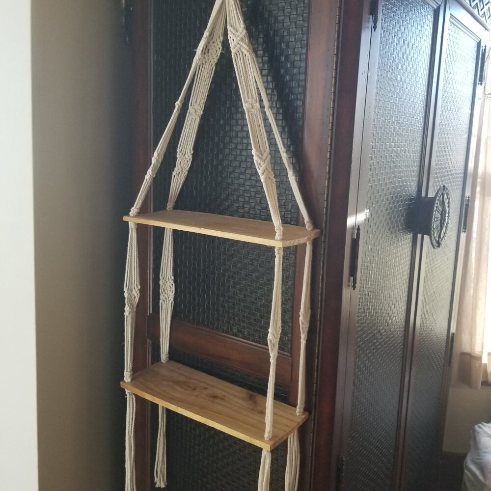 Macramé Two Shelf Wood Plant Hanger Boho Decor - Picture 8 of 8